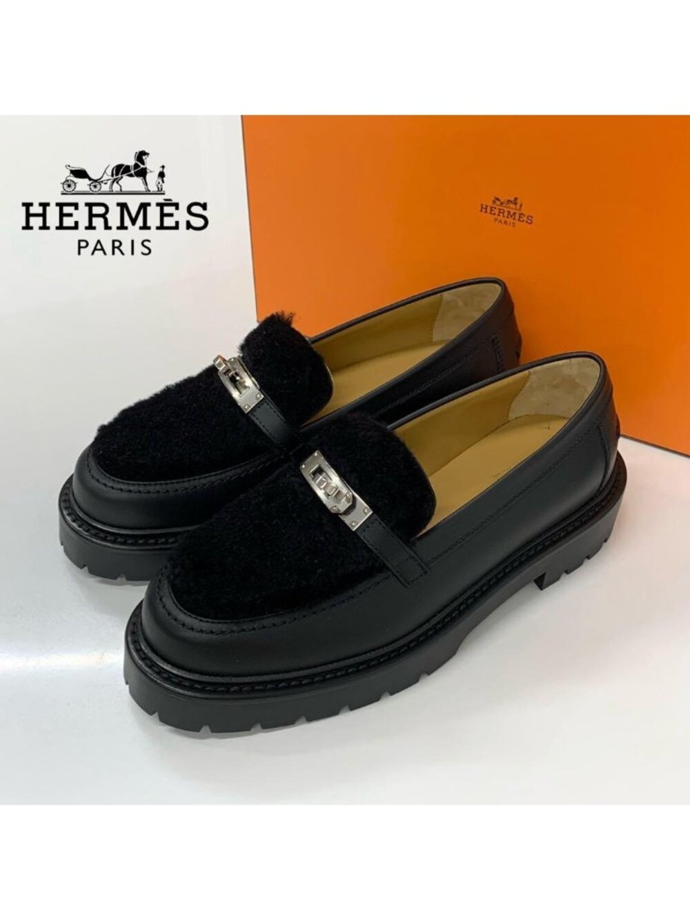 Hermes Icon Kelly Leather Shearling Loafers Black